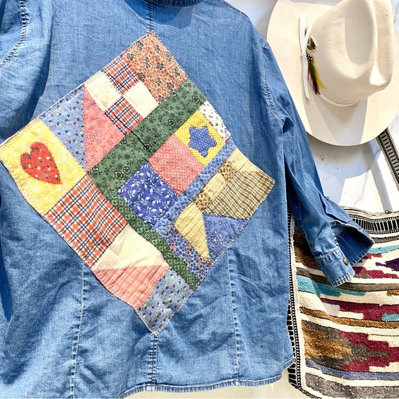 Upcycled patchwork vibe on denim shirt w prairie country vibe - Picture 3 of 13